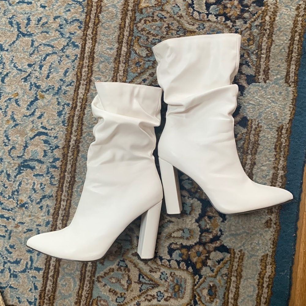 White slouched faux leather boots